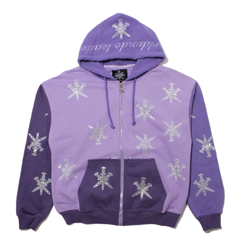 Unknown London Panel Mix Dagger Rhinestone Zip-Up Hoodie – Lila