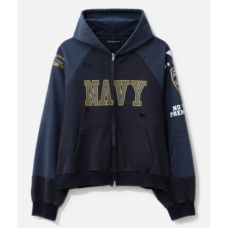 Navy Reconstructed Folded Zip-Up Hoodie