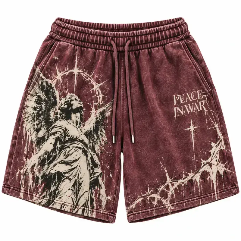 Peace In War Ascending Angel Thorn Graphic Shorts Vintage Burgundy