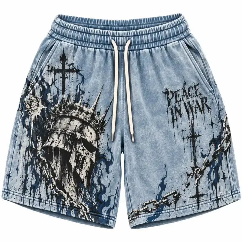 Peace In War Crowned Warrior Chain Graphic Shorts Icy Blue