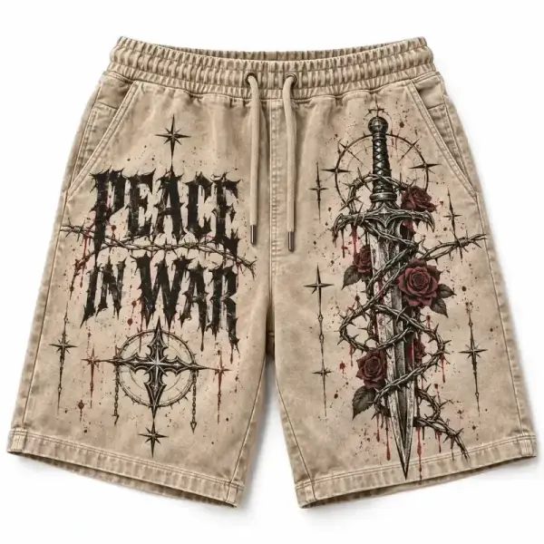 Peace In War Dagger & Rose Graphic Shorts Vintage Sand