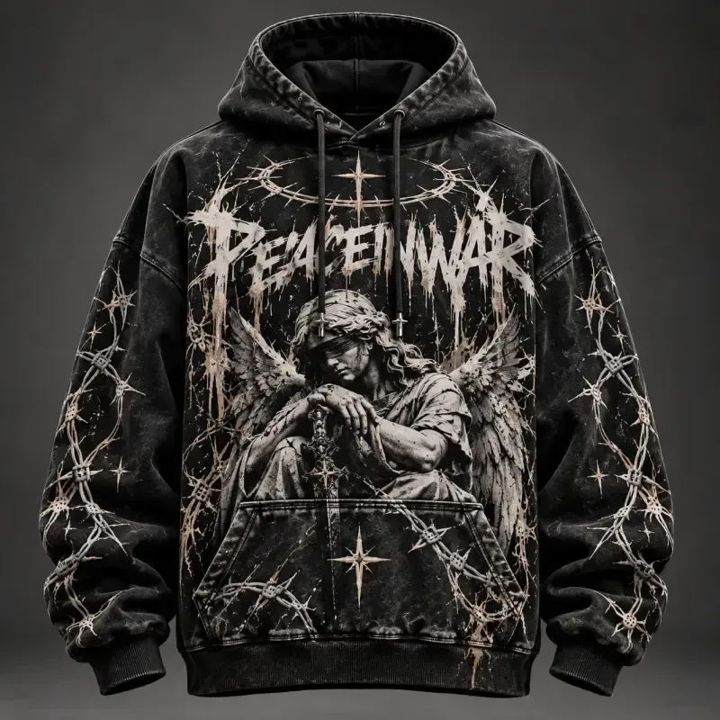 Peace In War Fallen Angel Thorn Halo Hoodie – Washed Black