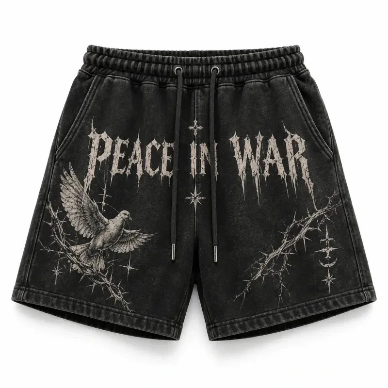 Peace In War Gothic Dove & Thorns Shorts Washed Black